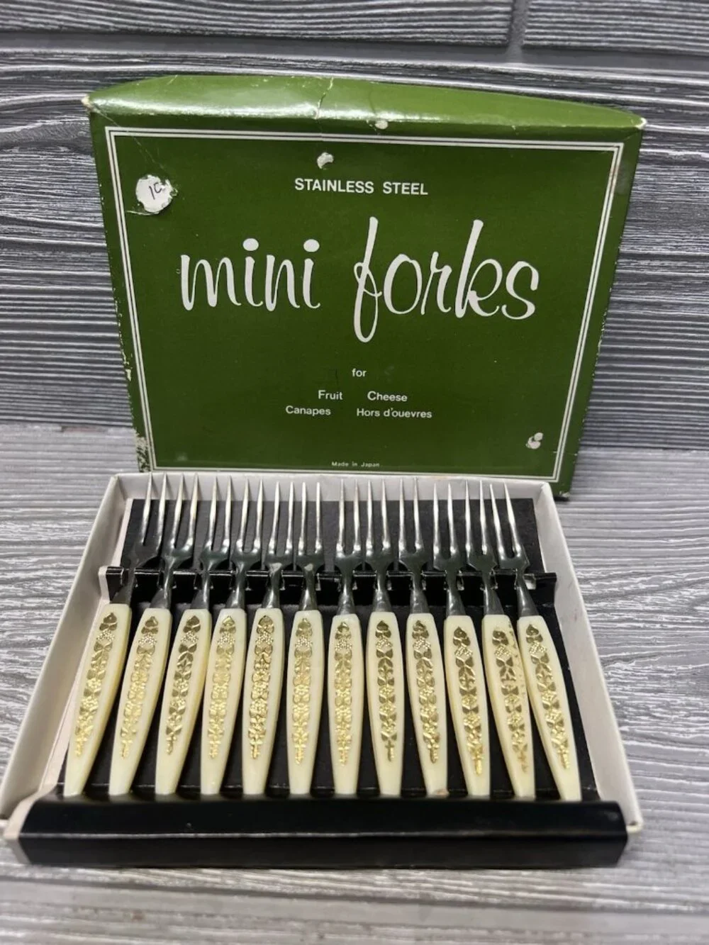 Vintage Set Little Forks 12 Stainless Steel Relish Hors D'oeuvres Japan in Box